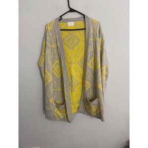 Lush Womens Geometric Intarsia Open Front Cardigan Grey Yellow Cotton